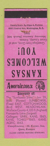 Matchbook Cover - Kaiser Insurance Gove KS Perkins Americana PINK WEAR