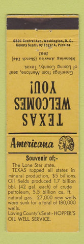 Matchbook Cover - Hopper's Oil Well Loves County TX Perkins Americana YELLOW
