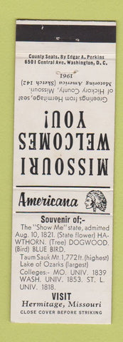 Matchbook Cover - Hermitage MO Perkins Americana WHITE