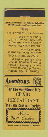 Matchbook Cover - Craig Restaurant Winton NC Perkins Americana YELLOW