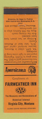 Matchbook Cover - Fairweather Inn Virginia City MT Perkins Americana ORANGE