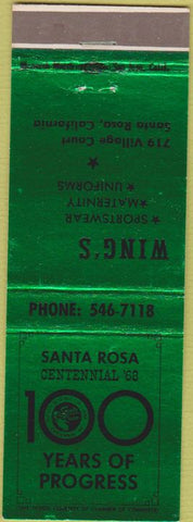 Matchbook Cover - Wing's Sportswear Santa Rosa CA maternity
