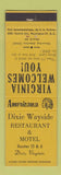 Matchbook Cover - Dixie Motel Dixie VA Perkins Americana YELLOW
