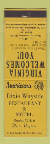 Matchbook Cover - Dixie Motel Dixie VA Perkins Americana YELLOW