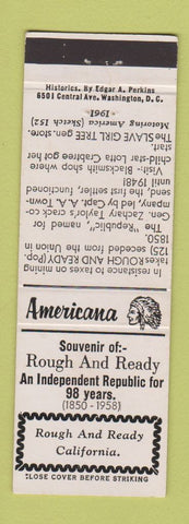 Matchbook Cover - Rough and Ready CA 1958 Perkins Americana WHITE