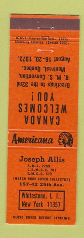 Matchbook Cover - Joseph Allis RMS Whitestone LI NY Perkins Americana ORANGE