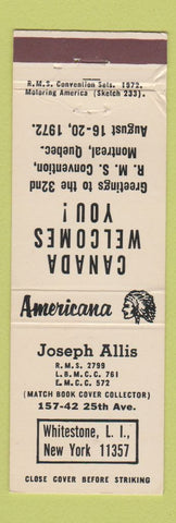Matchbook Cover - Joseph Allis RMS Whitestone LI NY Perkins Americana WHITE