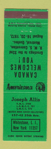 Matchbook Cover - Joseph Allis RMS Whitestone LI NY Perkins Americana GREEN