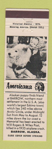 Matchbook Cover - Barrow AK puppy Perkins Americana WHITE