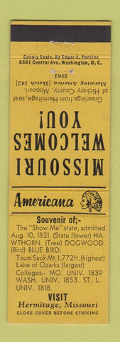 Matchbook Cover - Hermitage MO Perkins Americana YELLOW