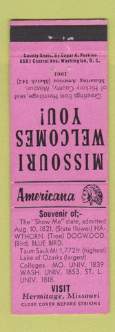 Matchbook Cover - Hermitage MO Perkins Americana PINK