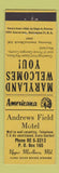 Matchbook Cover - Andrews Field Motel Upper Marlboro MD Perkins Americana YELLOW