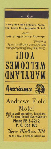 Matchbook Cover - Andrews Field Motel Upper Marlboro MD Perkins Americana YELLOW