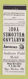 Matchbook Cover - Andrews Field Motel Upper Marlboro MD Perkins Americana WHITE
