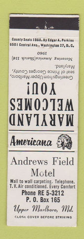 Matchbook Cover - Andrews Field Motel Upper Marlboro MD Perkins Americana WHITE