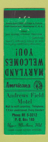 Matchbook Cover - Andrews Field Motel Upper Marlboro MD Perkins Americana GREEN
