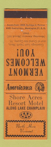 Matchbook Cover - Shore Acres Motel North Hero VT Perkins Americana ORANGE