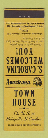 Matchbook Cover - Town House Bishopville SC Perkins Americana YELLOW