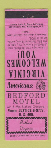 Matchbook Cover - Bedford Motel Bedford VA Perkins Americana PINK