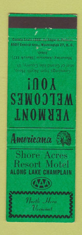 Matchbook Cover - Shore Acres Motel North Hero VT Perkins Americana GREEN