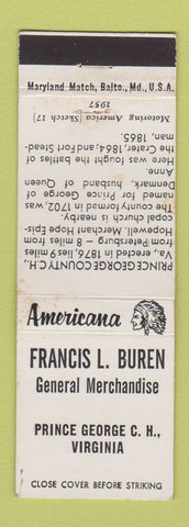 Matchbook Cover - Buren General Store Prince George VA Perkins Americana WHITE