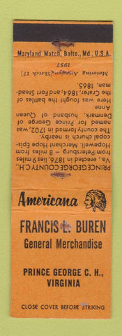 Matchbook Cover - Buren General Prince George VA Perkins Americana ORANGE WEAR