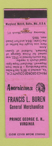 Matchbook Cover - Buren General Store Prince George VA Perkins Americana PINK
