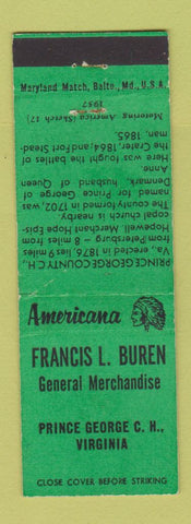 Matchbook Cover - Buren General Store Prince George VA Perkins Americana GREEN