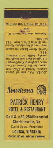 Matchbook Cover - Patrick Henry Hotel Louisa VA Perkins Americana YELLOW WEAR