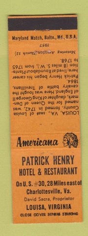 Matchbook Cover - Patrick Henry Hotel Louisa VA Perkins Americana ORANGE