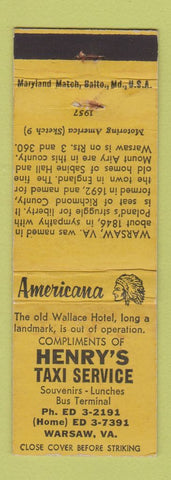 Matchbook Cover - Henry's Taxi Warsaw VA Perkins Americana YELLOW