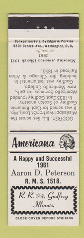 Matchbook Cover - RMS Aaron Peterson Godfrey IL Perkins Americana WHITE