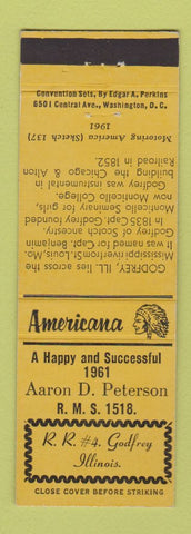 Matchbook Cover - RMS Aaron Peterson Godfrey IL Perkins Americana YELLOW