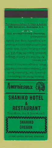 Matchbook Cover - Shaniko Hotel OR Perkins Americana GREEN