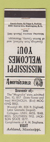 Matchbook Cover - RM Stephens Ashland MS Perkins Americana WHITE