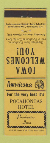 Matchbook Cover - Pocahontas Hotel IA Perkins Americana YELLOW