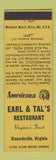 Matchbook Cover - Earl & Tal's Standardsville VA Perkins Americana YELLOW