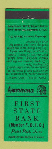 Matchbook Cover - First State Bank Paint Rock TX Perkins Americana GREEN