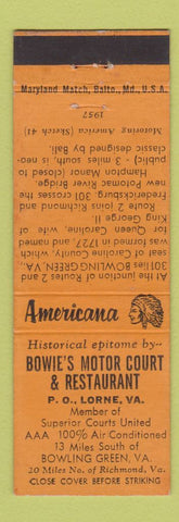Matchbook Cover - Bowie's Motel Bowling Green Lorne VA Perkins Americana ORANGE