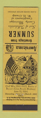 Matchbook Cover - Sumner MS WD Crump Civil War Perkins Americana YELLOW
