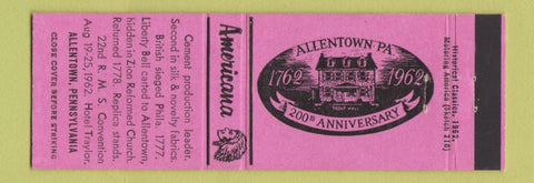 Matchbook Cover - Allentown PA 200th 1962 Perkins Americana PINK