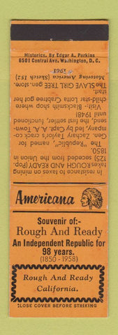 Matchbook Cover - Rough and Ready CA 1958 Perkins Americana ORANGE