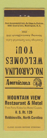 Matchbook Cover - Mountain View Motel Robbinsville NC Perkins Americana YELLOW