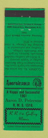 Matchbook Cover - RMS Aaron Peterson Godfrey IL Perkins Americana GREEN