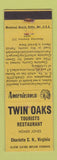 Matchbook Cover - Twin Oaks Restaurant Charlotte CH VA Perkins Americana YELLOW