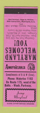Matchbook Cover - Esso oil gas Jessup MD Perkins Americana PINK
