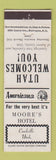 Matchbook Cover - Moore's Hotel Coalville UT Perkins Americana WHITE
