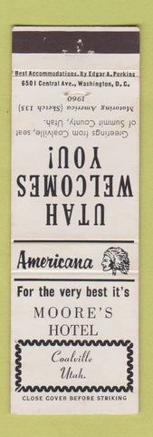 Matchbook Cover - Moore's Hotel Coalville UT Perkins Americana WHITE
