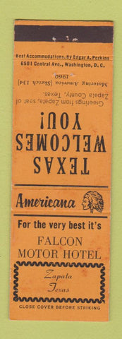 Matchbook Cover - Falcon Motor Hotel Zapata TX Perkins Americana ORANGE