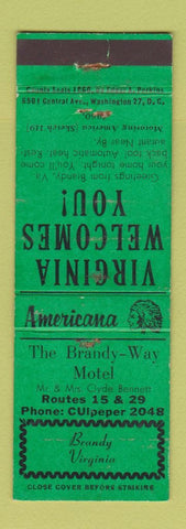Matchbook Cover - Brandy Way Motel Brandy VA Perkins Americana GREEN WEAR